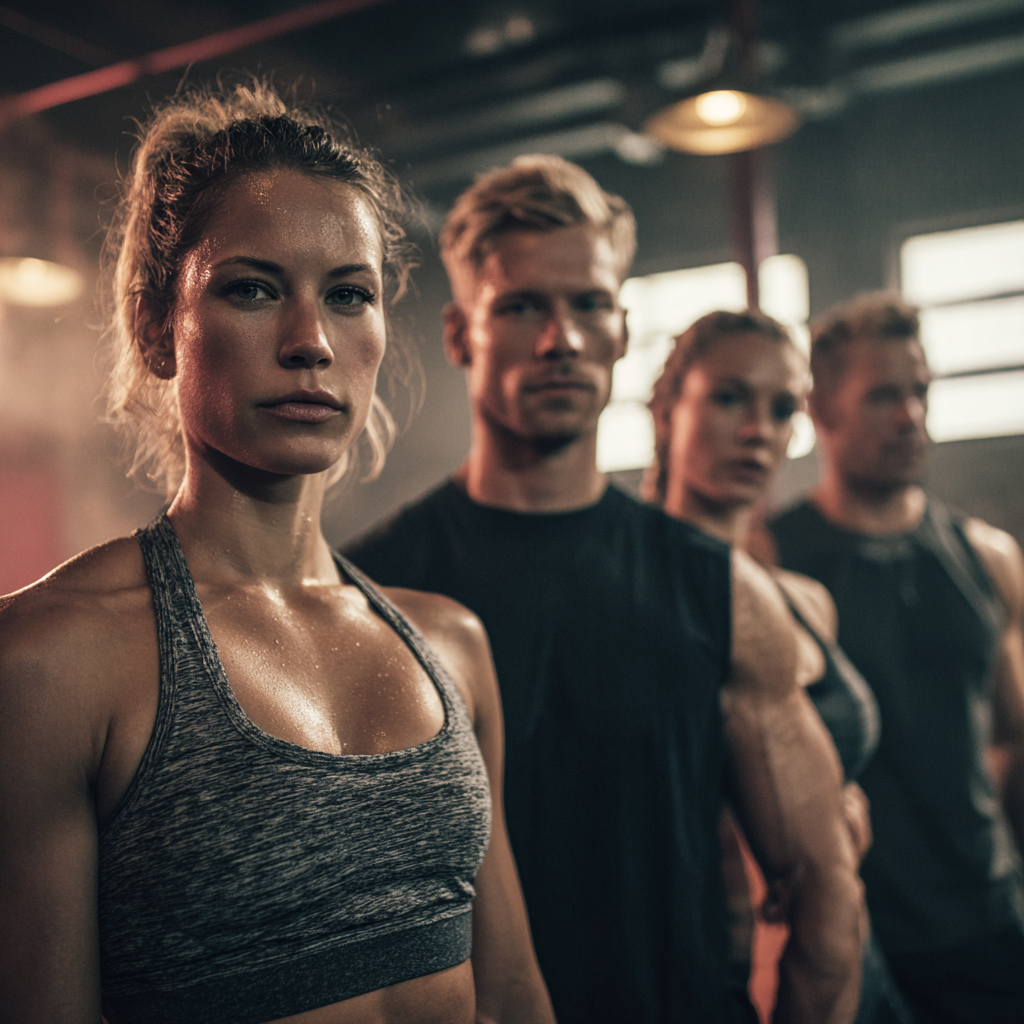 Lächelnde deutsche Frau mittleren Alters beim Stretching in einem modernen Fitnessstudio
